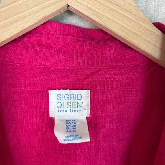 Sigrid Olsen Womens 100% Linen Button Up Top Size 1X Resort Roll Tab Sleeve Pink - Picture 4 of 8